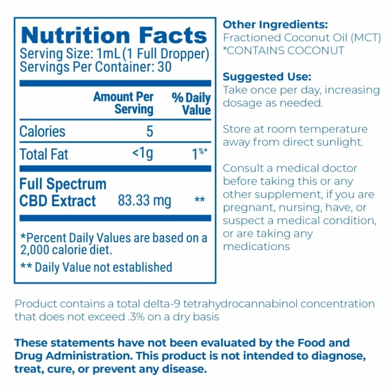 Proleve CBD Full Spectrum CBD Oil Tincture - 2500mg Nutrition Facts
