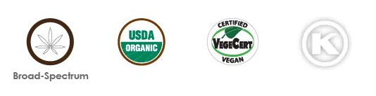Broad Spectrum CBD, USDA Certified Organic CBD, Certified Vegan CBD, and Certified Kosher CBD Icons