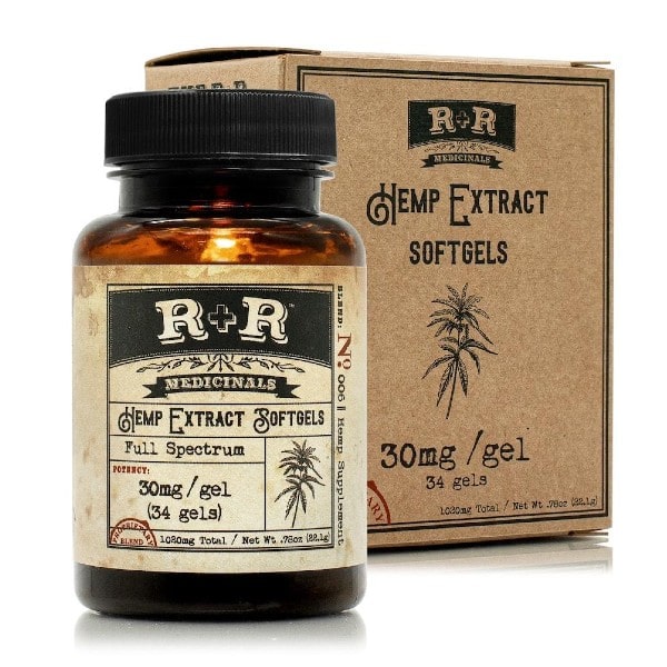 R+R Medicinals CBD Softgels 30mg CBD Capsule Bottle out of Box