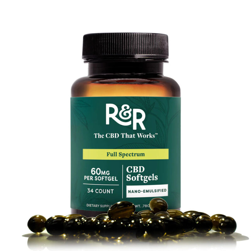 R+R Medicinals Full Spectrum CBD Softgels - 60mg Capsules 34 Count-Capsules Bottle with Soft Gels Around