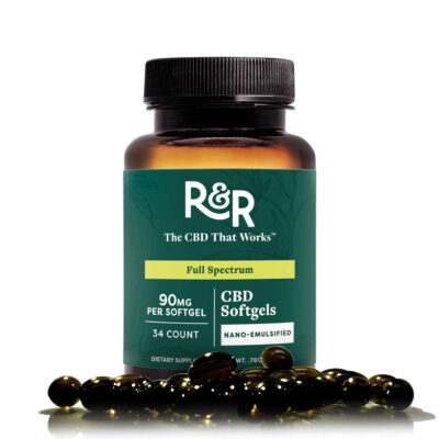 R+R Medicinals Full Spectrum CBD Softgels - 90mg Capsules 34 Count-Capsules Bottle with Soft Gels Around