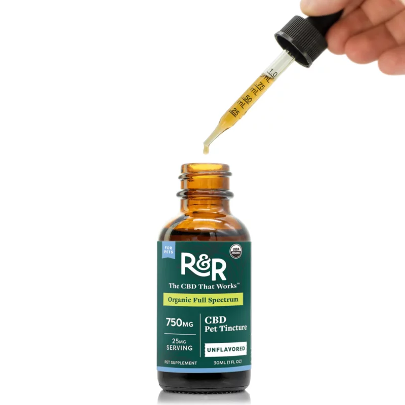 R&R CBD USDA Organic Pet Oil Tincture - Full Spectrum 750mg - Tincture Open with Dropper Above It