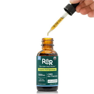 R+R Medicinals USDA Organic Pet CBD Oil Tincture Full Spectrum -500mg -Tincture Open with Dropper Pulling Out