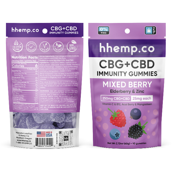 HH CBD and CBG Immunity Gummies - 25mg Mixed Berry - 10 Pack Front and Back of Bag