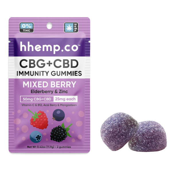 HH CBD and CBG Immunity Gummies - 25mg Mixed Berry - 2 Pack with 2 Gummies Outside the Bag