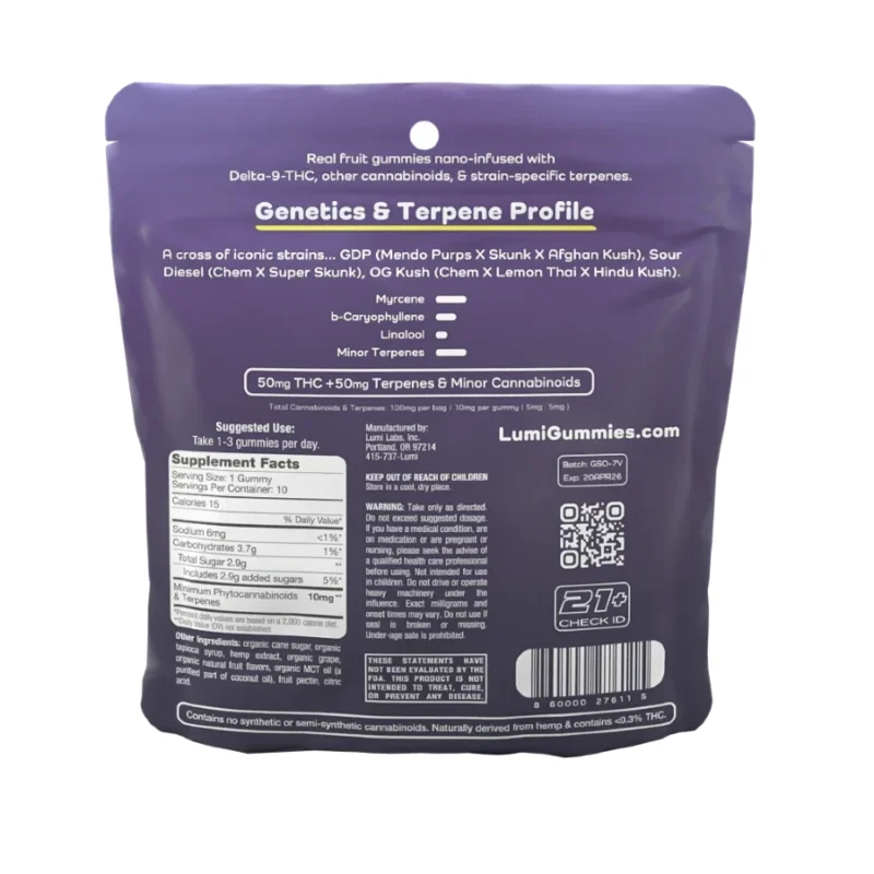 Lumi Granddaddy Sour OG Double Strength THC Gummies - Indica - 10mg 10 Count Bag Back