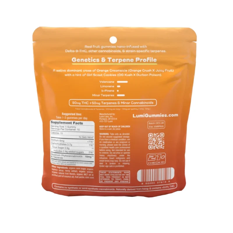 Lumi Orange Cream Cookies Double Strength THC Gummies - Sativa - 10mg 10 Count Bag Back