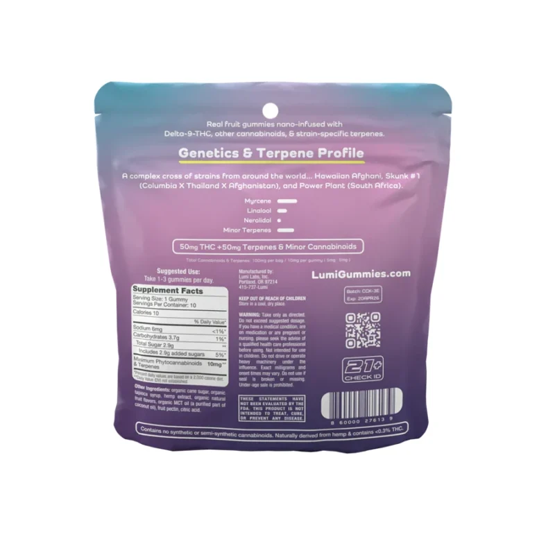 Lumi Cotton Candy Kush Double Strength THC Gummies - Indica - 10mg 10 Count Bag Back