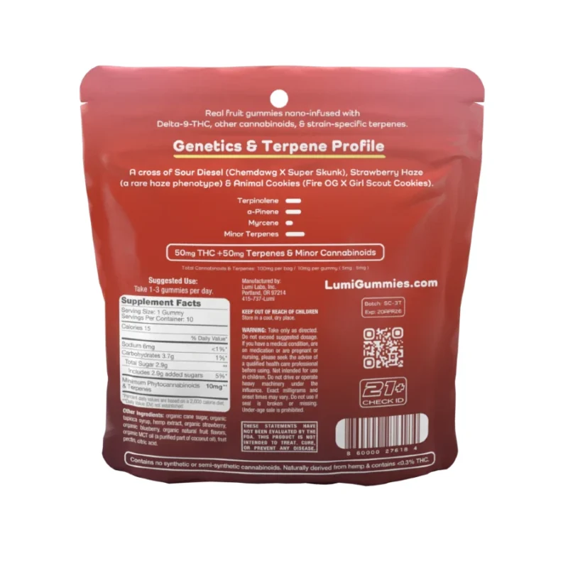 Lumi Sour Strawberry Cookies Double Strength THC Gummies - Hybrid - 10mg 10 Count Bag Back