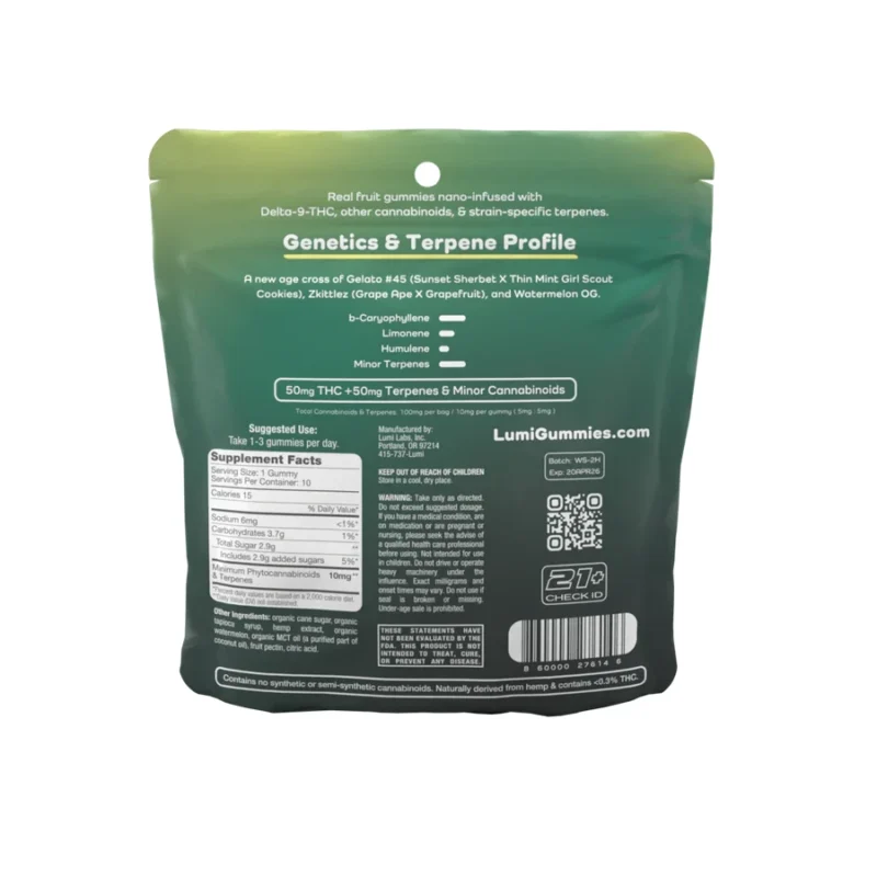 Lumi Watermelon Sorbet Double Strength THC Gummies - Hybrid - 10mg 10 Count Bag Back