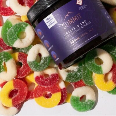 Summit Vegan Delta 9 THC Infused Gummies – 15mg Each - THC Gummies Laid Out with Jar on Top