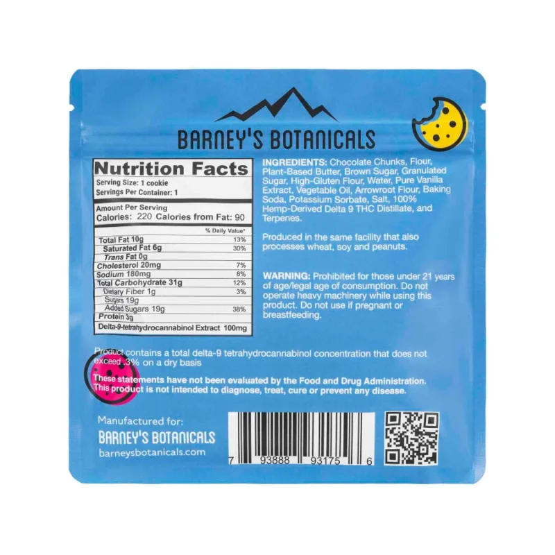 Barney’s Botanicals 100mg Delta 9 Chocolate Chip Cookie - Back of Package