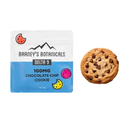 Barney’s Botanicals 100mg Delta 9 Chocolate Chip Cookie - Package + Cookie Next To Each Other