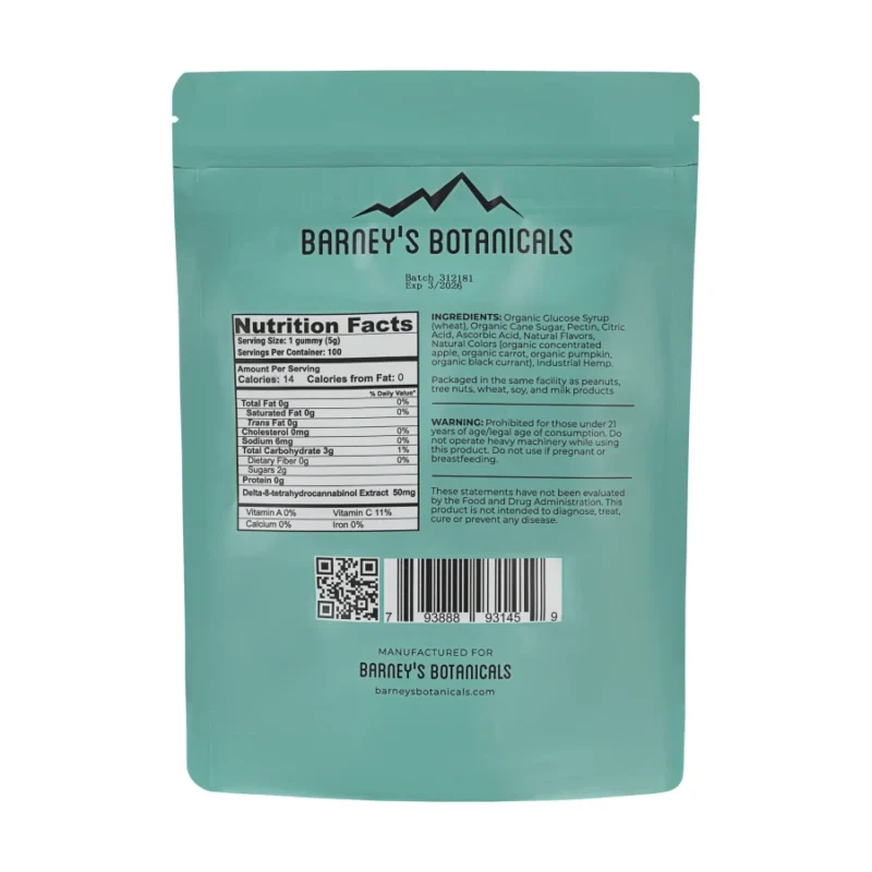Barney’s Botanicals 50mg Delta 8 Gummies - 100 Count Bag Back