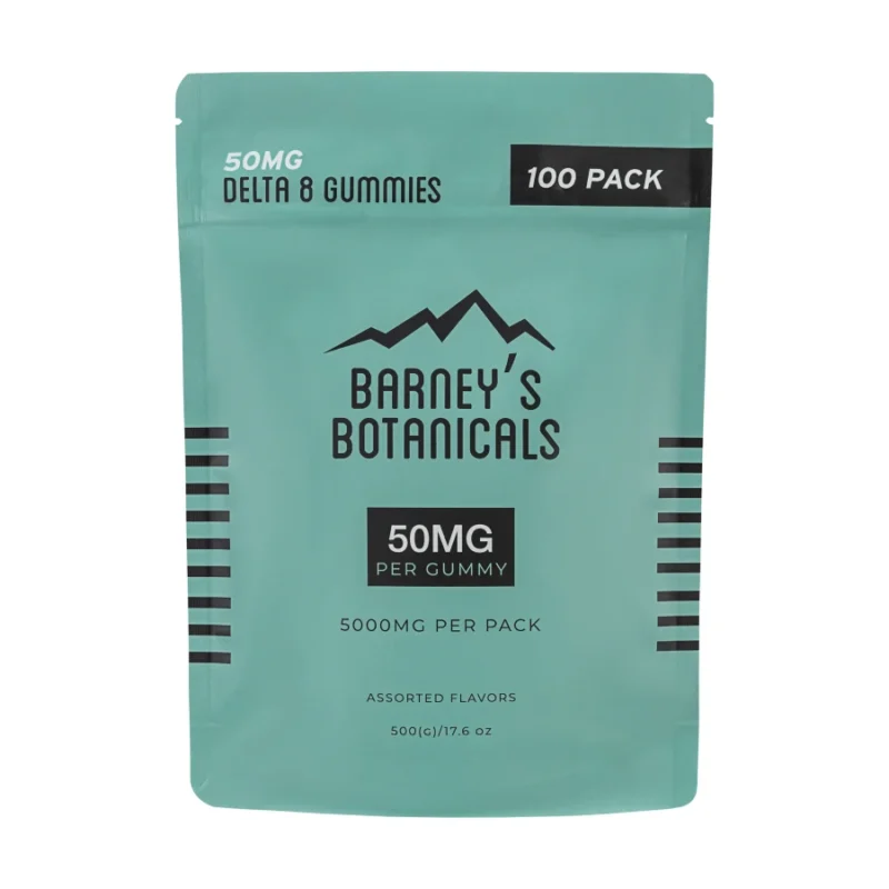 Barney’s Botanicals 50mg Delta 8 Gummies - 100 Count Bag Front