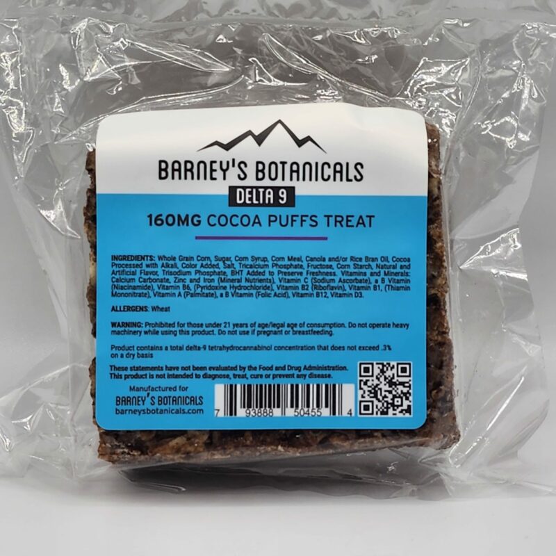 Barney's Botanicals Delta 9 THC Cereal Bars - 160mg - Cocoa Pebbles Front of Bag