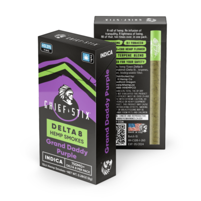Chief Stix Delta 8 Hemp Smokes - 10 Pack Indica Grand Daddy Purple - Front and Back of Packs