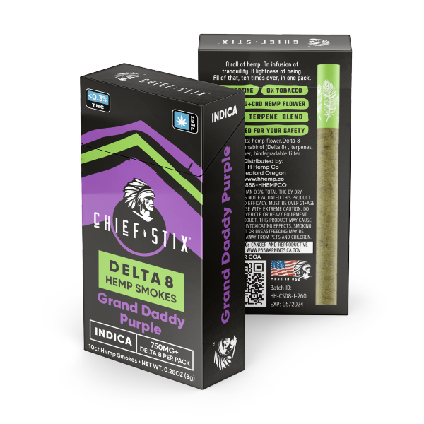 Chief Stix Delta 8 Hemp Smokes - 10 Pack Indica Grand Daddy Purple - Front and Back of Packs