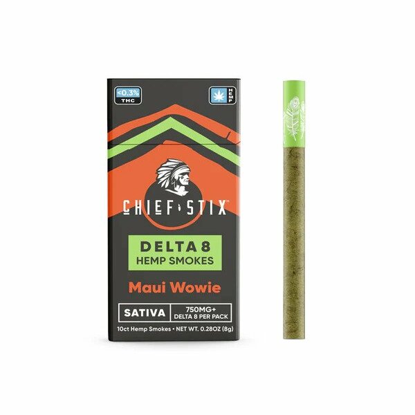 Chief Stix Delta 8 Hemp Smokes - 10 Pack Sativa Maui Wowie Front of Pack Photo with Cigarette Next To It