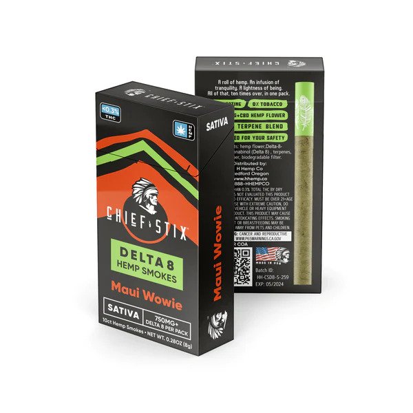Chief Stix Delta 8 Hemp Smokes - 10 Pack Sativa Maui Wowie - Photo of Front and Back of Pack