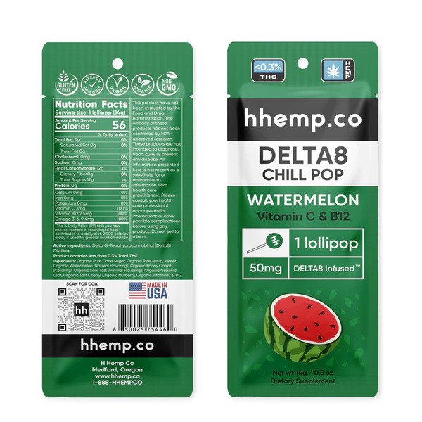 HH Delta 8 Chill Watermelon Lollipop 50mg – Photo of Front and Back of Lolli