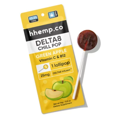 HH Chill 25mg Delta 8 Green Apple Lollipop - Photo of Front of Package with Lollipop Outside It