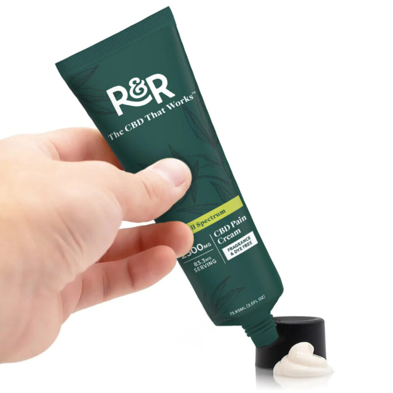 R+R Medicinals Full Spectrum CBD Pain Cream - 2500mg - Hand Holding Open Tube of Cream