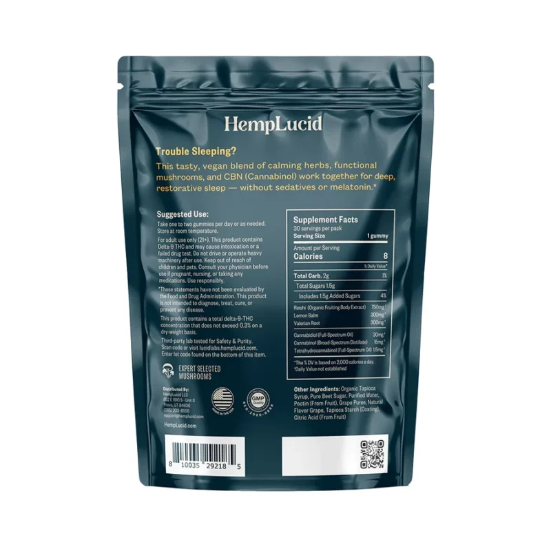 Hemplucid CBD + CBN Sleep Gummies with Mushrooms - 30 Count Bag Back