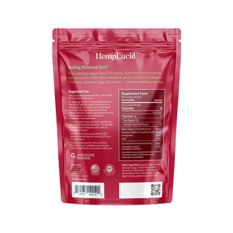 Hemplucid CBD + THC Stress Gummies with Mushrooms - 30 Count Bag Back