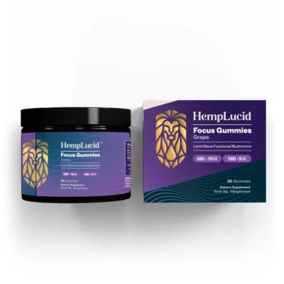 Hemplucid Mushroom + CBG Focus Gummies - Grape 30 Count Jar with Box Next To It