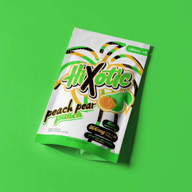 Hixotic Peach Pear Punch THC Gummies - 10 Pack Front of Package with Green Background