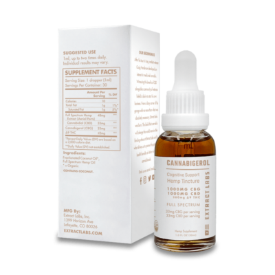 Extract Labs Cognitive Support CBG Oil Tincture - Full Spectrum Oil Drops 2000mg Back of Box and Bottle