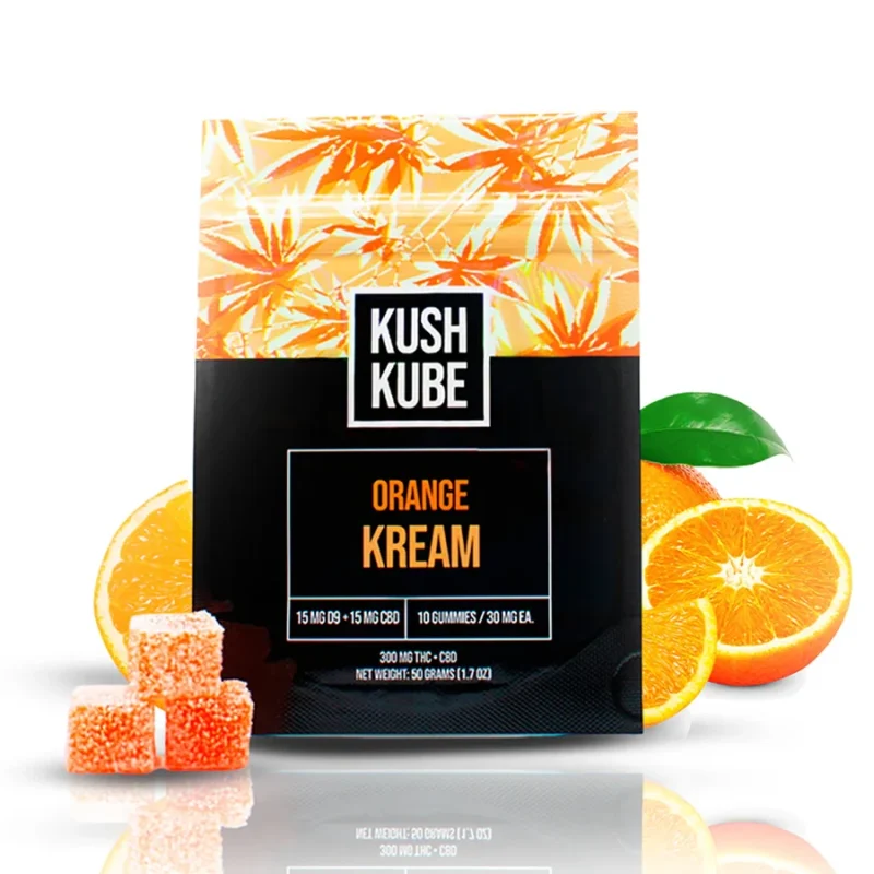Kush Kube Orange Kream THC Gummies - Gummies and Orange Pieces Around