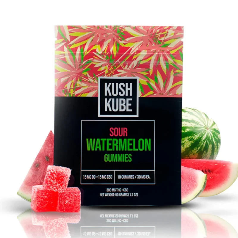 Kush Kube Sour Watermelon THC Gummies - Gummies and Watermelon Pieces Around