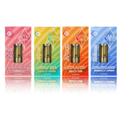 Purlyf Targeted CBD Vape Cartridge – 2g 2000mg - All 4 Carts Lined Up Left To Right