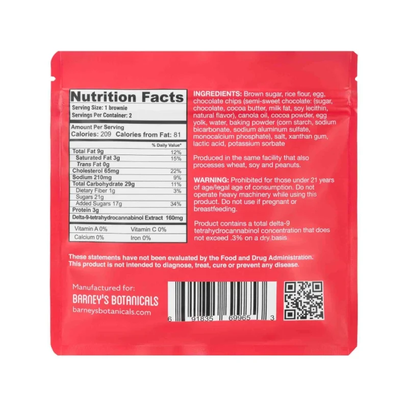 Barney’s Botanicals Delta 9 THC Brownies – 320mg - Back of Package