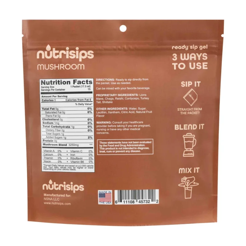 Nutrisips Mushroom Daily Wellness Support Ready Sip Gel - Nutrition Facts Back Label