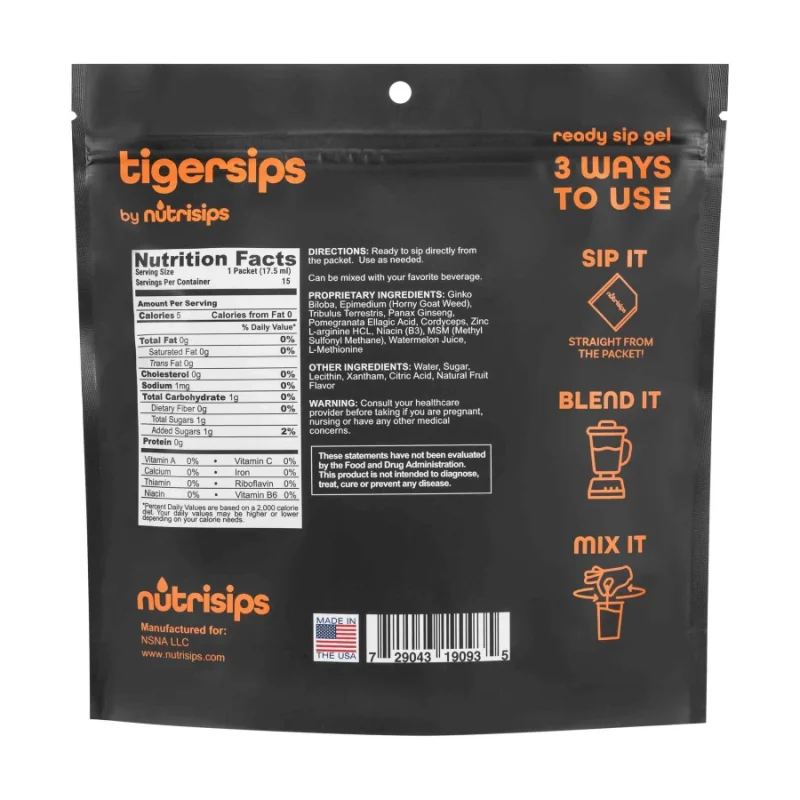 Nutrisips Tigersips Male Libido Enhancement Ready Sip Gel - Nutrition Facts Back Label