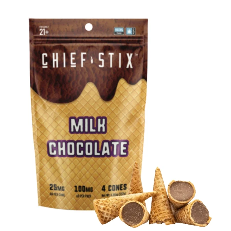 Chief Stix Delta 9 THC Chocolate Cones – 4 Count Bag Front with Cones Laid Out Next To The Bag