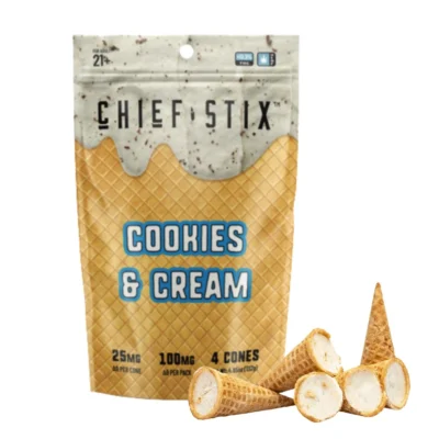 Chief Stix Delta 9 THC Cookies & Cream Cones – 4 Count Bag Front with Cones Laid Out Next To Bag