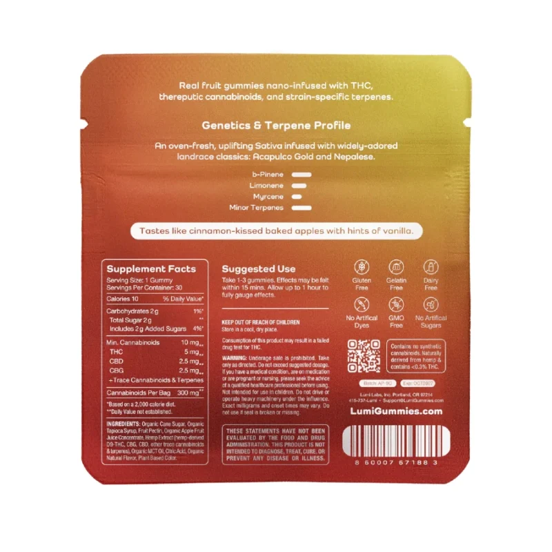 Lumi Apple Pie Sativa THC Gummies - Back of Bag Terpene Info + Genetics