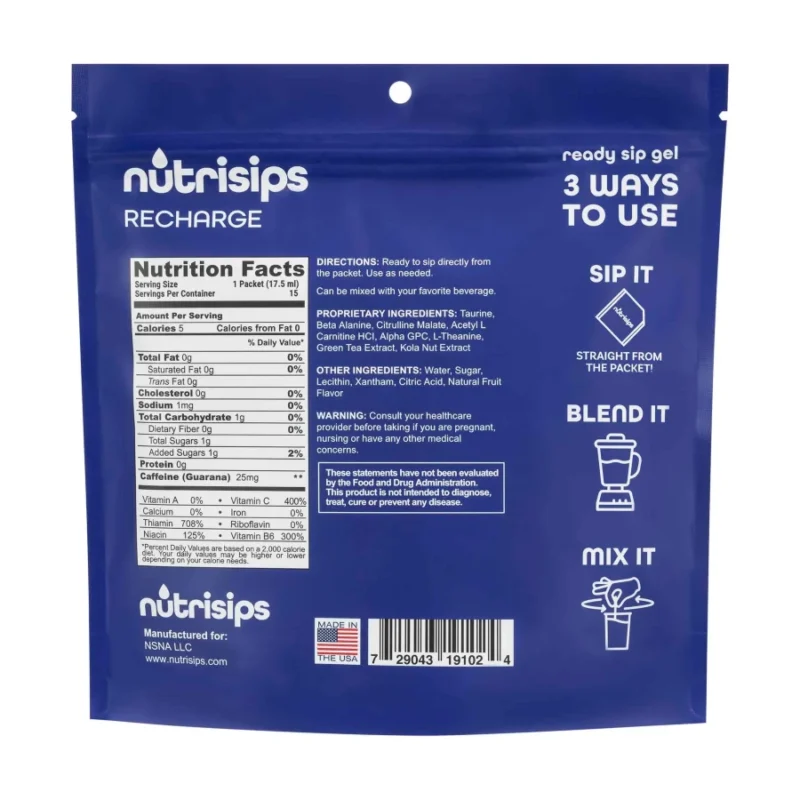 Nutrisips Recharge Energy Ready Sip Gel - Back of 15 Count Bag