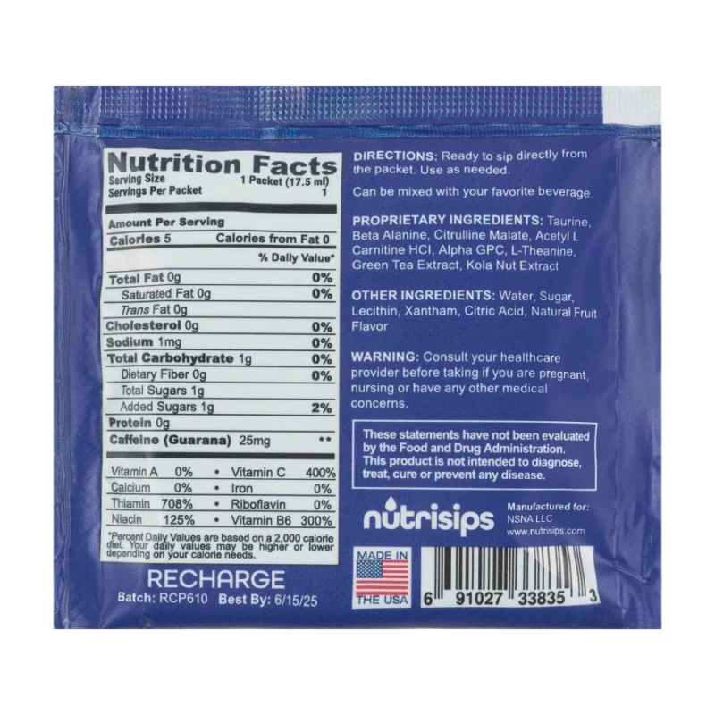 Nutrisips Recharge Energy Ready Sip Gel Back of Single Packet