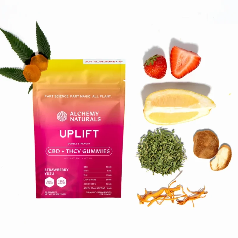 Alchemy Naturals CBD Uplift Gummies for Mood & Workout - Decorative Photo with Ingredients Laid Out Next to Bag