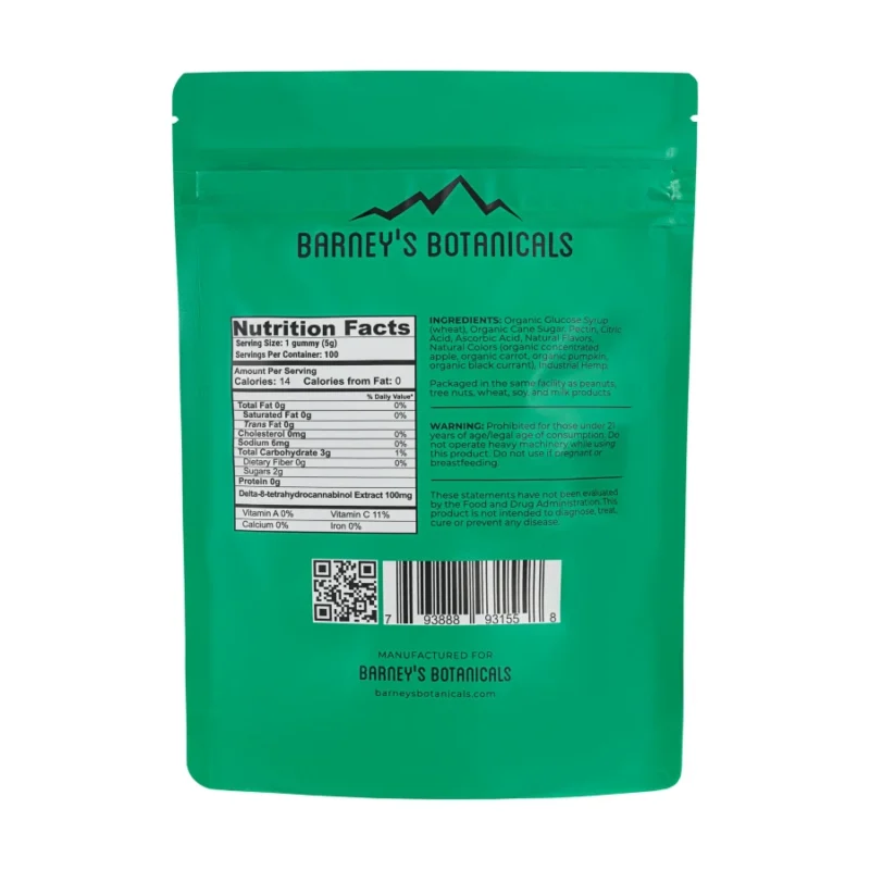 Barney’s Botanicals 100mg Delta 8 Gummies - Bag of 100 Gummies - Supplement Facts