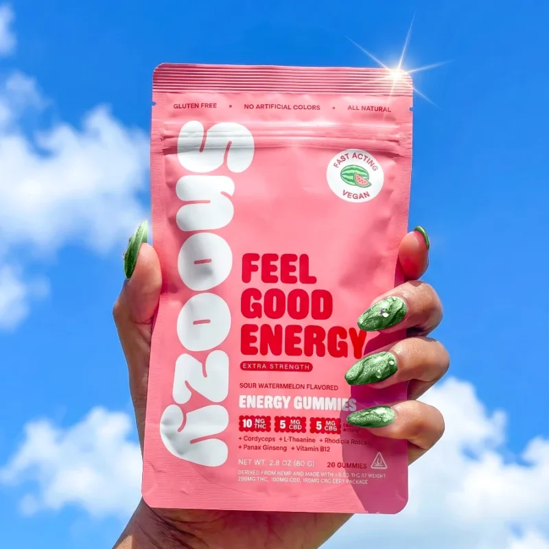 Snoozy Energy Delta 9 THC Gummies with CBD+CBG - Hand Holding Bag of Gummies In The Clouds