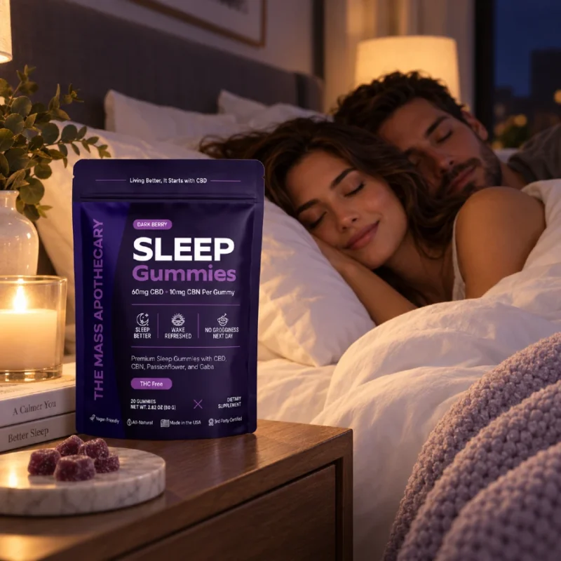 Mass Apothecary Sleep Gummies - Couple Sleeping In Bed with Gummies on Nightstand