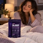 Sleep Gummies Bag on Bed with Woman