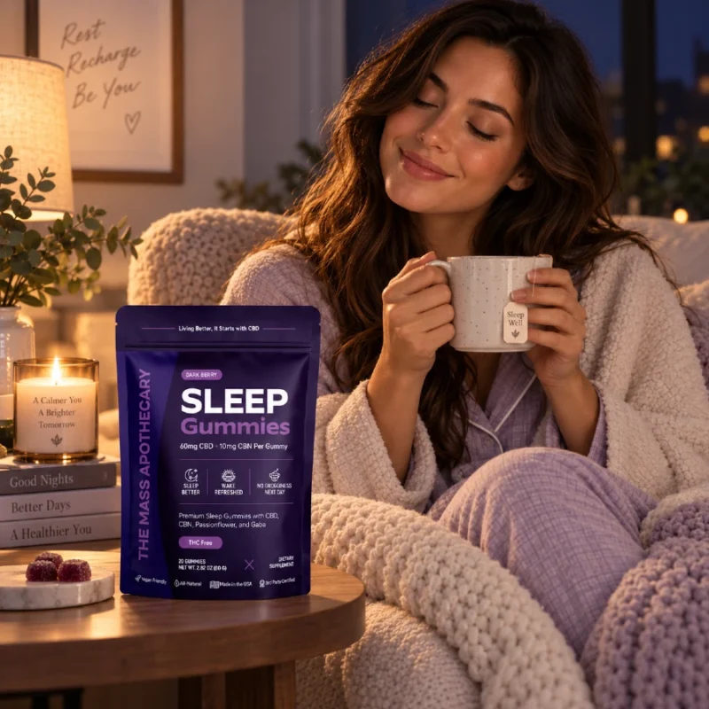 Woman Holding Mug Smiling with Mass Apothecary Sleep Gummies On Table