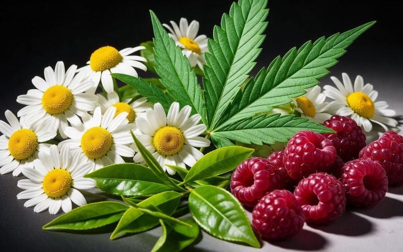 Hemp leaf, chamomile flowers, green tea leaves, and raspberries representing ingredients in THC free sleep gummies